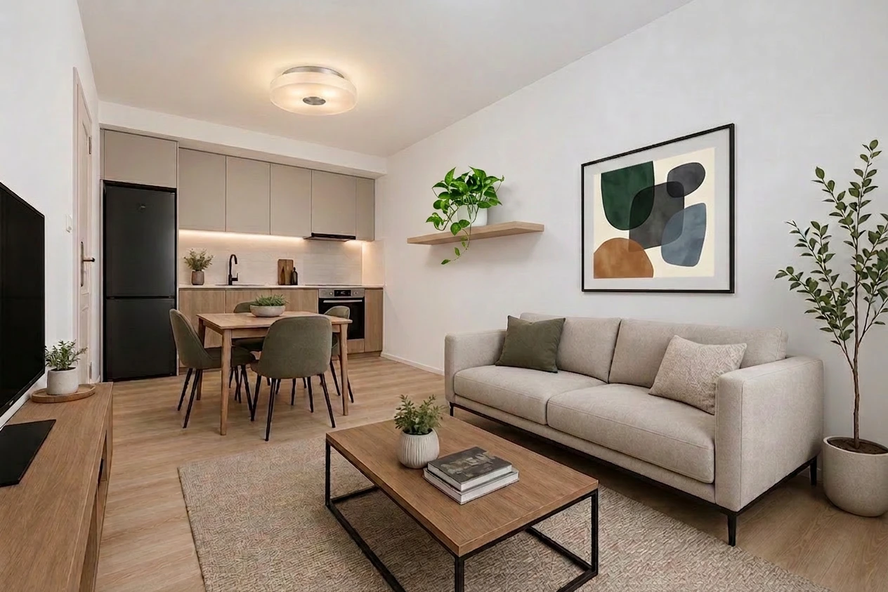 Ilustrativní obývací pokoj s kuchyní Residence U Lesa